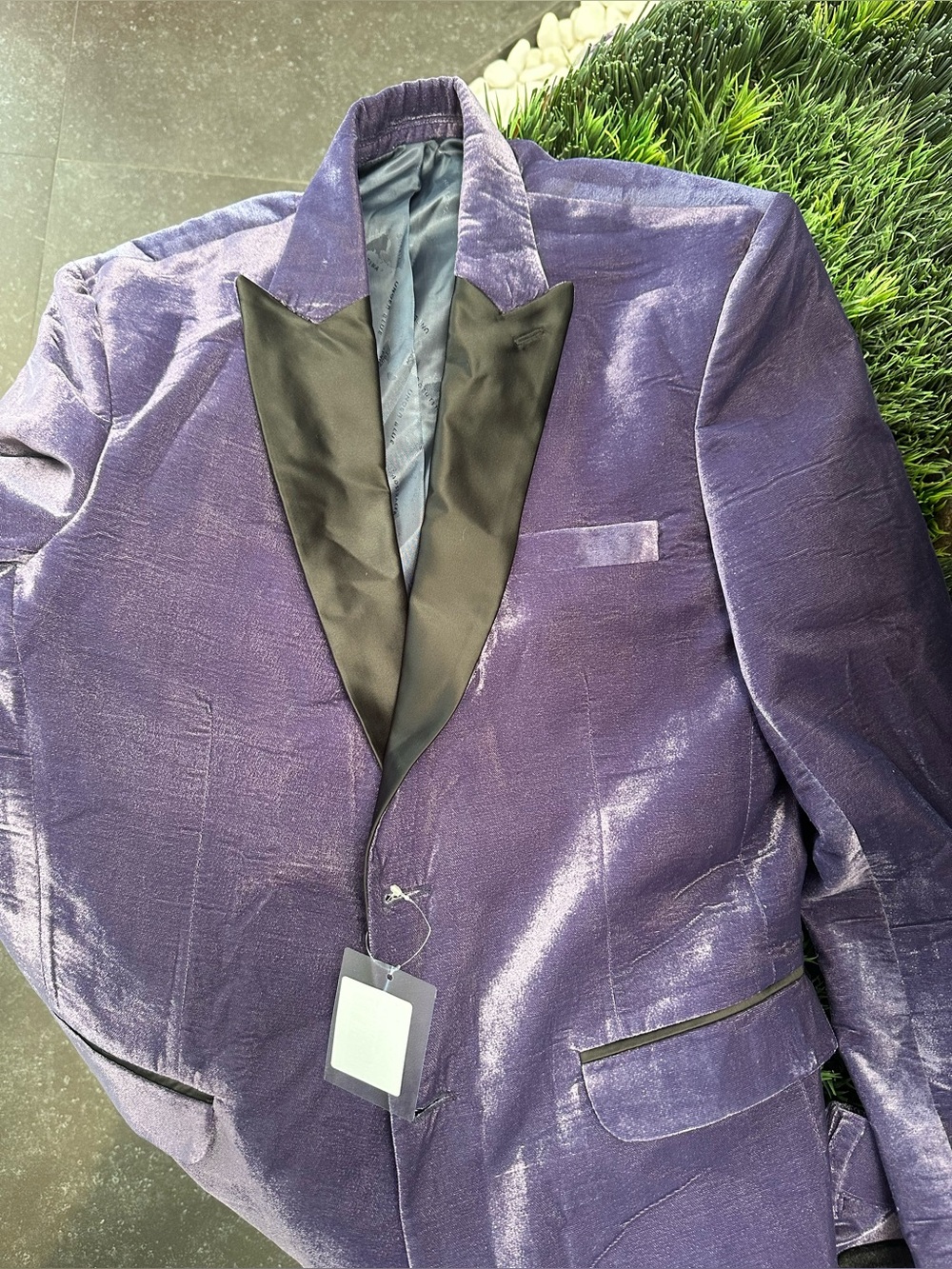 BNWT French Crown Men's Purple Velvet Tuxedo Black Satin jacket 38 pants 32